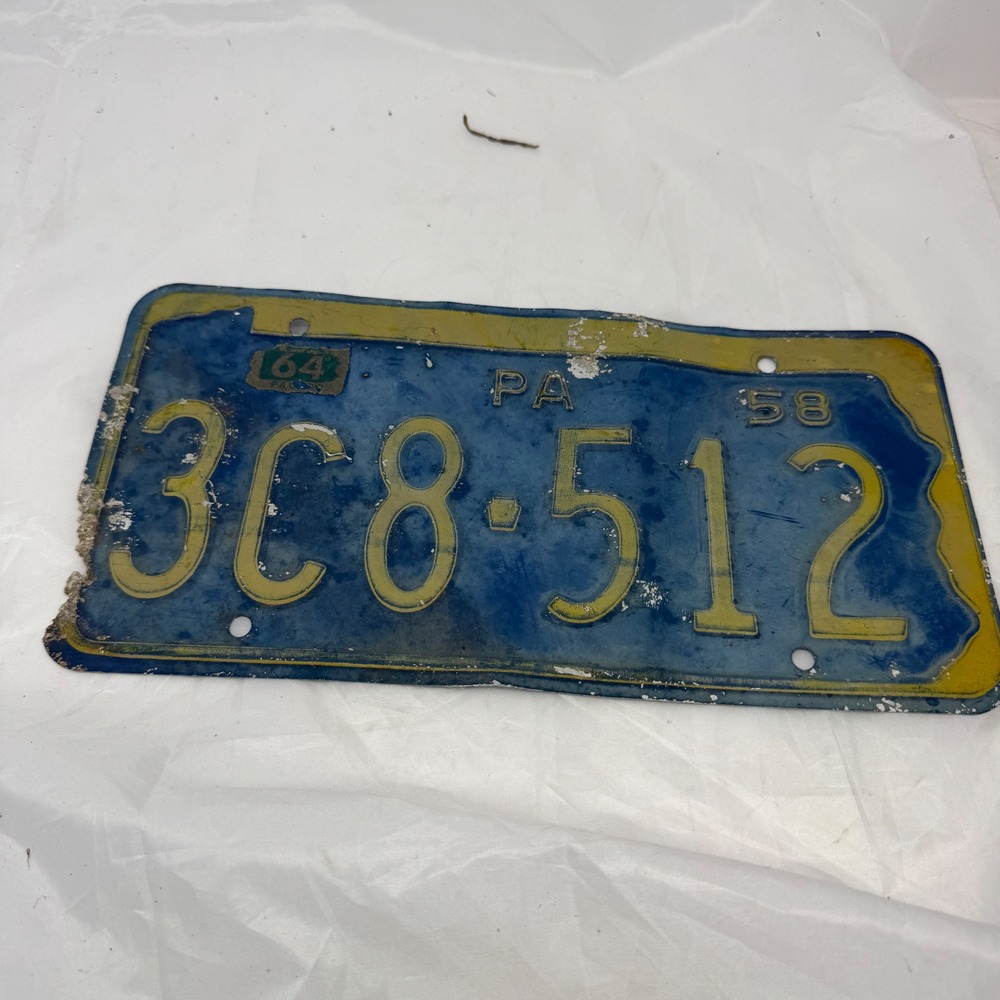 Vintage 1958 Pennsylvania License Plate Blue Yellow 3C8-512 with 1964 Sticker